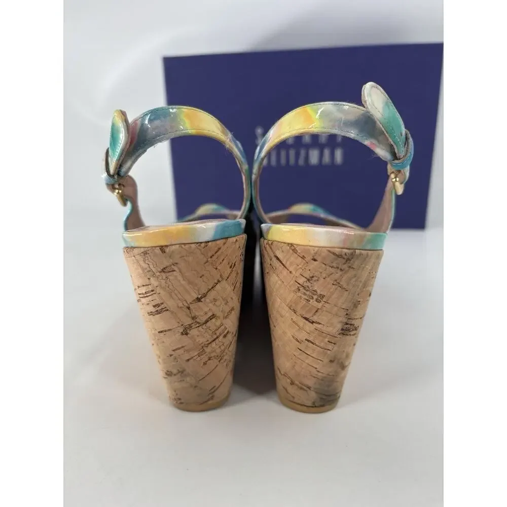 Stuart Weitzman Jean Slingback Wedges Sandals 5.5 Multicolor Patent Leather Peep